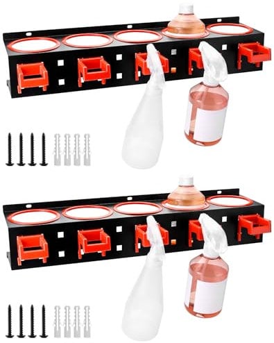 QWORK Wall-mounted Spray Bottle Holder, 2 Pack Aerosol Can Rack Organizer - 5 Holes and 5 Plastic Hooks Included for Tidying Up Your Cleaning and Detailing Tools
