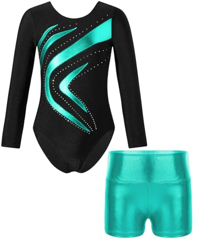 Oyolan Mädchen Kinder Gymnastikanzug Turnanzug Glitzernde Gymnastikbody Langarm Turntrikot mit Kurze Hose Tanzkostüm Z Blau Grün 122-128