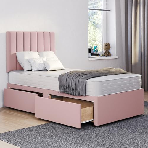 ComfoRest - Elegant 3FT Single Bed with Mattress | Stylish Set for Modern Bedrooms | Functional Frame with 2 Storage Drawers for Space-Saving Solutions (Pink Plush)
