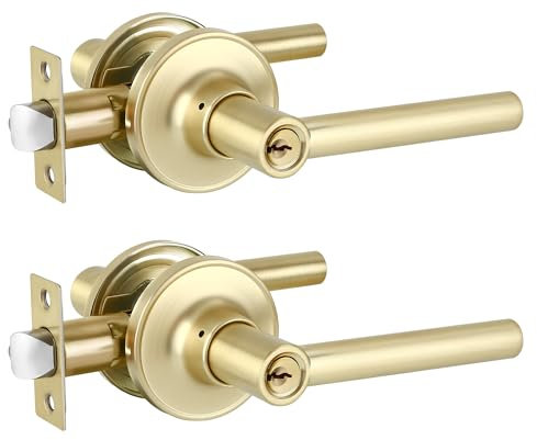 Heittis 2 Pack Satin Brass Entry Door Handle, Keyed Alike Entry Door Handles with Lock Gold Door Lever, Outdoor/Indoor Entrance Use Reversible for Right & Left Sided Doors