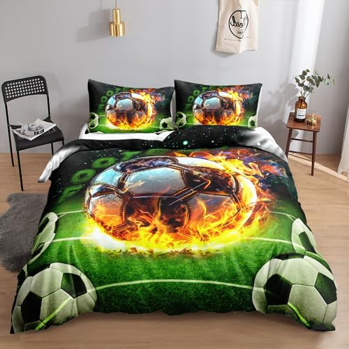 HOSIMA Jungen- und Mädchen-Flammen Fußball-Bettwäsche-Set, Flammen Fußball-Druck, Bettbezug mit 2 Kissenbezügen(Flammen Fußball S)