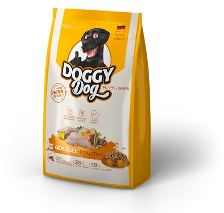 DOGGY Dog Geflügel Puppy / Junior, 1 kg, Trockenfutter mit hohem Fleischanteil für junge Hunde, getreidefreies Hundefutter mit Lachsöl, Made in Germany