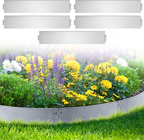 Cecaylie Rasenkante Metall Beetumrandungen Rasenkante Verzinkt Blumenbeet Umrandung Rasenkantenblech 5m 10m 15m 20m 25m 30m 35m 40m 45m 50m Mähkante Palisade, Silber (Länge 5m - Höhe 18cm)