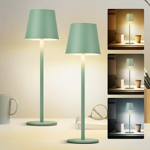 Faithorse Rechargeable Lamp Cordless Table Lamp, 2 Pack Battery Operated Lamps 5200mAh IP54 Waterproof Wireless Lamp with 3-Color Modes Touch Control Night Light for Bedroom(Vintage Green)
