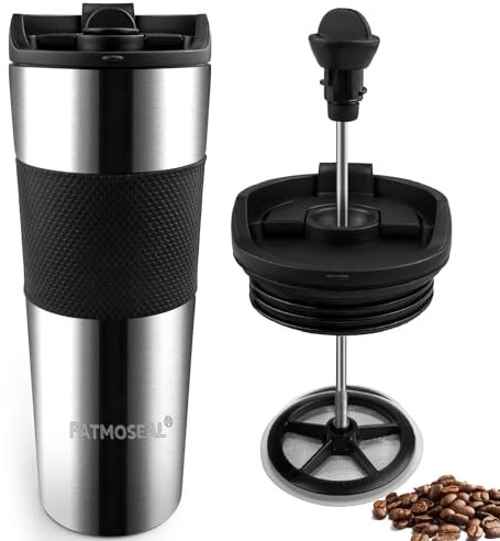 patmoseal Tasse de voyage isotherme à piston étanche – Cafetière portable sous vide – 3 tasses pour voyage, camping – 450 ml (argenté)