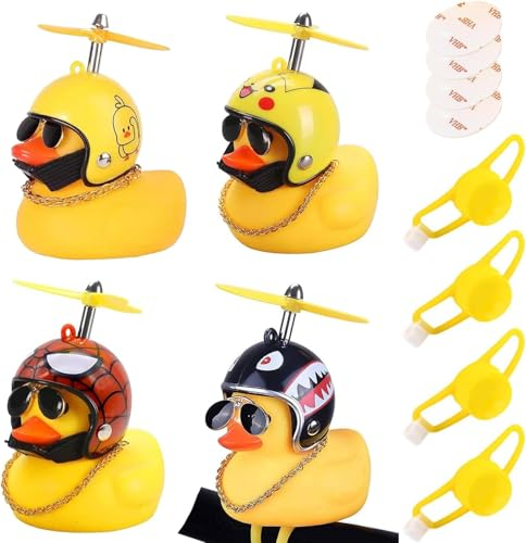 HESUSUSI Gelbe Ente Fahrrad Ornament, 4 Stück Gummiente Spielzeug Gummi Gelb Ente Auto Ornament Ente Mit Propeller Motorrad Mit Propellerhelm und Befestigungsband für Auto Fahrrad Haus Dekoration