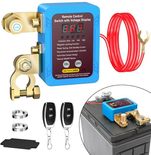 12V 240A Remote Kill Switch for Car, Battery Disconnect With LED Display and 2 Remote Controls, Automatic Off Isolator