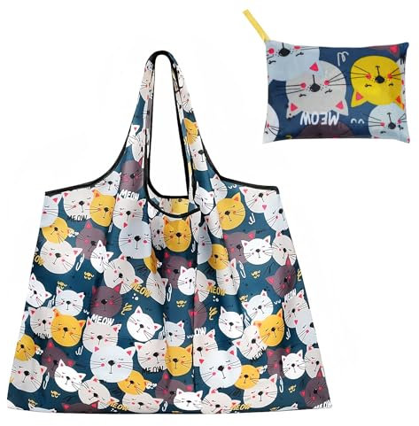 Mewflew große faltbare, stilvolle Einkaufstasche aus Nylon, tragbar und wiederverwendbar (52 cm x 66 cm) (Cat)