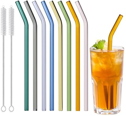 8Pcs Reusable Glass Drinking Straws Set, Colored Glass Straw 8 * 20cm Length, Eco Friendly Curved Drinking Smoothie Straws with 2 Cleaning Brush, Bent Straws for Milk Juice Coffe