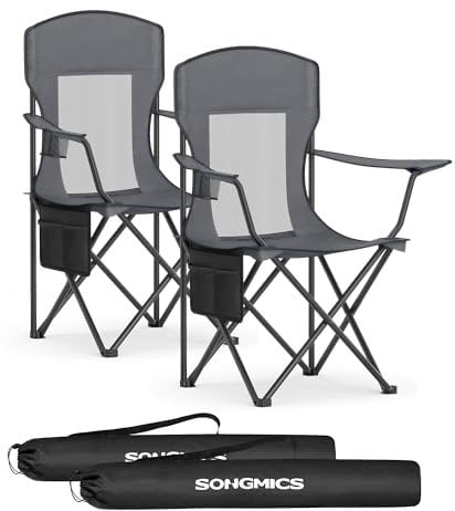 SONGMICS Campingstuhl 2er Set, Klappstuhl Outdoor, Angelstuhl, hohe Rückenlehne, verstellbare Armlehnen, Getränkehalter, klappbar, bis 150 kg belastbar, Camping Garten, schiefergrau GCB028G01
