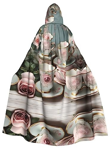 Teetassen mit Rosen, romantischer Aufdruck, Kapuzenumhang, lange Kapuzenumhang, lange Kapuzenpullover, Weihnachten, Halloween-Kostüme