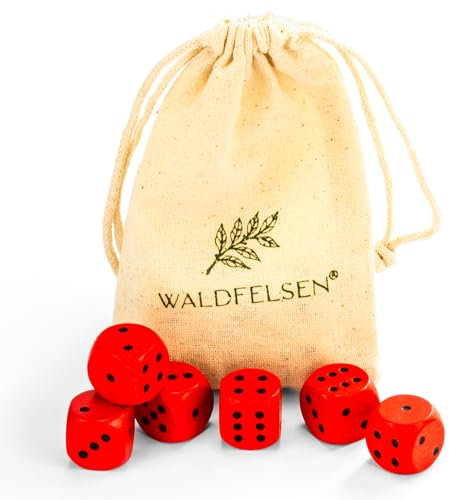 Waldfelsen 6, 12, 20, 30 oder 50 hochqualitative Holzwürfel aus echtem Buchenholz Augenwürfel Spielwürfel aus Holz in 16 mm Standardwürfel mit Stoffbeutel Würfelset (Rot, 6 Stück)