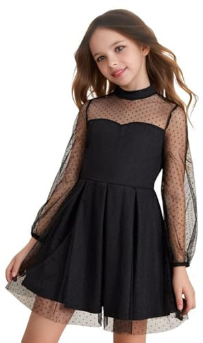 BOVOSHA Girls Dresses for Kids Summer Dress for Girl Casual Mesh Party Dress Long Sleeve A-Line Black (Black, 8-9T/140)