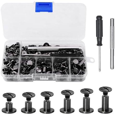 110 Sets Chicago Binding Screws Assorted Kit, 6 Sizes Gun Color Binding Screw Leather Rivets Kit, 4/5/6/8/10/12mm Book Binding Rivets with Punch Screwdriver, Flat Head Leather Rivets for DIY Albums