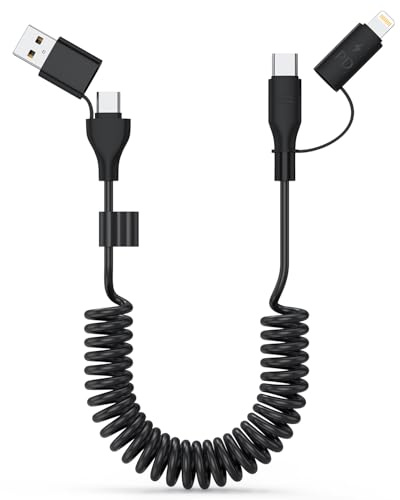 Car Carplay Cable, Coiled USB C and Lightning Cable 2-in-1, 60W 4FT USB-C to Lightning Cable Type C to USBC Fast Charging Cord for Cell Phones/Tablets, Support iPhone CarPlay & Android Auto, Black