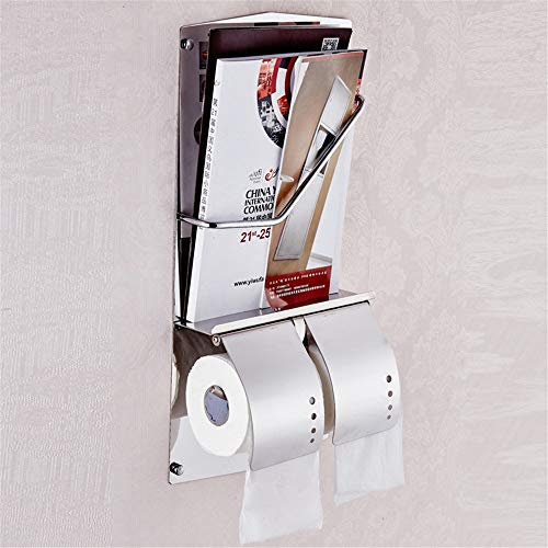 Modern Hotel Style Stainless Steel Double Toilet Roll Paper Holder with Magazine Rack Shelf Heavy Duty Wall Mounted Polished Chrome Dispenser