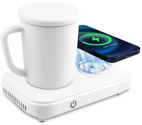 Rtauhife Tasse à Café de Réfrigération Intelligente Auto-Chauffante 3 en 1, Base de Chargeur sans, Dessous de Verre Thermostatique pour Bureau/Maison, Prise UE