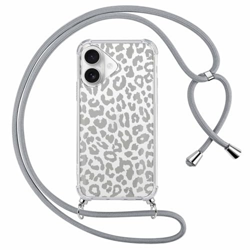 ZhuoFan Handyband Handyhülle für iPhone 17 Hülle 6,3 mit Band, Transparent Aesthetic Leopard Muster Cover mit Kette Kordel zum umhängen Necklace Grau Case Silikon PC Stoßfest Schutzhülle, 04