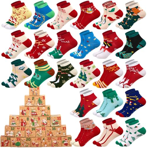 SATINIOR 24 Paar 2025 Adventskalender Socken Geschenke Weihnachtssocken mit 24 Countdown Geschenkboxen DIY Weihnachten Countdown Geschenke für Damen Herren Frau Männer, Einheitsgröße(Stilvoll)
