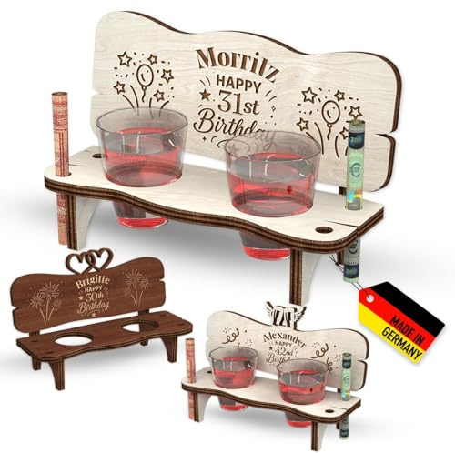 Customdo Schnapsbank mit Gravur zum Geburtstag 2 Schnapsgläser - Name Datum Jahreszahl Motiv Personalisierung in Hell Dunkel Braun - Holzbank Geburtstagsgeschenk für Männer und Frauen