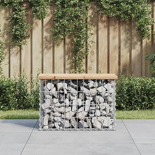 IBUQDDV Gabion Banc de jardin en pin massif avec panier en acier 63 x 31,5 x 42 cm, banc d'extérieur rustique pour terrasse et jardin, assise robuste, base galvanisée stable,