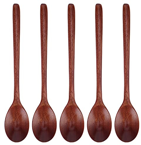 Adfaga 5-teiliges Holzlöffel-Set mit langem Griff, Suppenlöffel, Reisschaufel, Küchenutensilien für Camping, Picknick, Grillen, Besteck aus Naturverbundholz, 23,5 cm (Große Lackfarbe)