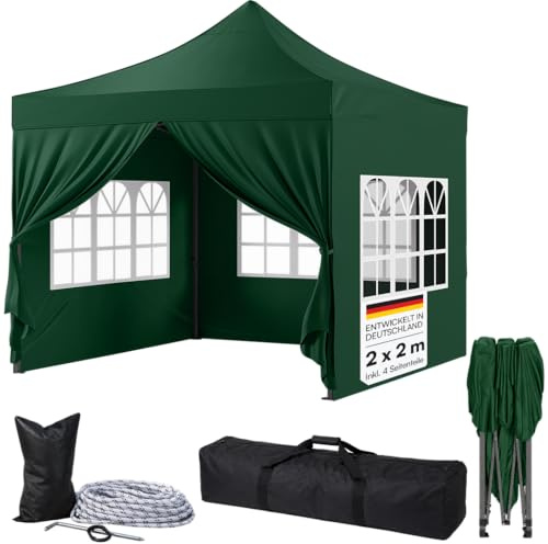 STEELSØN Rynara Faltpavillon 2x2 m, 4 Seitenteile, Grün, wasserdicht | Gartenpavillon, Pop Up Pavillon, 3-fach höhenverstellbar, UV-beständig, winterfest, stabil, mit Tragetasche, Outdoor & Garten