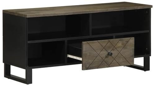 Mueble para TV de madera maciza de mango, 100 x 33 x 46 cm, con patas de metal, diseño moderno y mucho espacio de almacenamiento para salón, muebles de salón, dispositivos multimedia y centros de