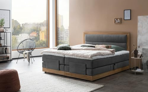 Belanoti MODELA Boxspringbett 200x200 elektrisch verstellbar 7-Zonen Taschenfederkern Matratze inkl Visco Topper Bett 200x200 mit Motor Farbe Anthrazit H2/H3 Polsterbett Motorbett Massivholz Eiche