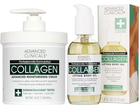 Advanced Clinicals Anti-Aging Collagen Cream and Collagen Body Oil Set. Large 16oz cream for face and body and 4oz body oil helps firm and tighten skin.