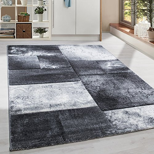 HomebyHome Teppich Wohnzimmer 80x300 cm Läufer Flur Grau Kariert Konturschnitt Design - Schlafzimmer Teppich Kurzflor Extra Weich Pflegeleicht Teppiche für Küche Esszimmer - Carpet Kilim
