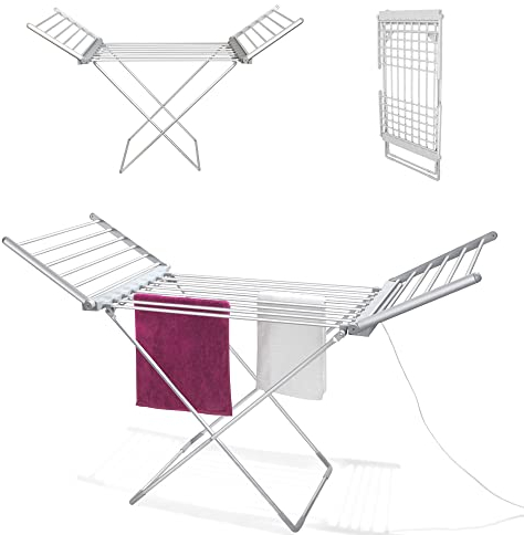 FISHTEC - Tendedero eléctrico Plegable de Aluminio - 18 Barras - 230 W - 145 cm - Aluminio Plata - Calor - para Ropa de hogar - Apto para Cuartos de baño - Secado Rápido