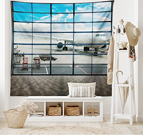 ABAKUHAUS China Wandteppich und Tagesdecke, Shangai Flughafen Flugzeug aus Weiches Mikrofaser Stoff Waschbar ohne Verblassen Digitaldruck, 230 x 140 cm, Weiß und Himmelblau