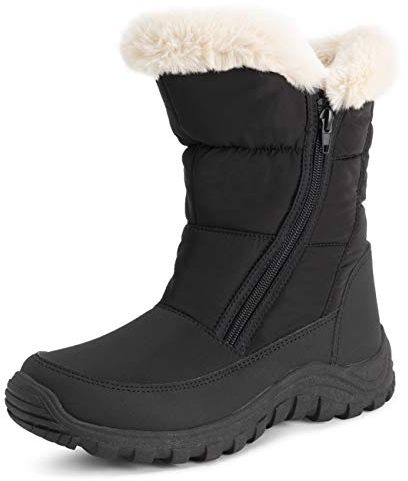 Polar Donna Memory Foam Doppia Apertura Con Zip Nylon Impermeabile Di Spessore Pelliccia Ecologica Foderato Inverno Pioggia Neve Stivales - Nero/Beige - UK3/EU36 - YC0662