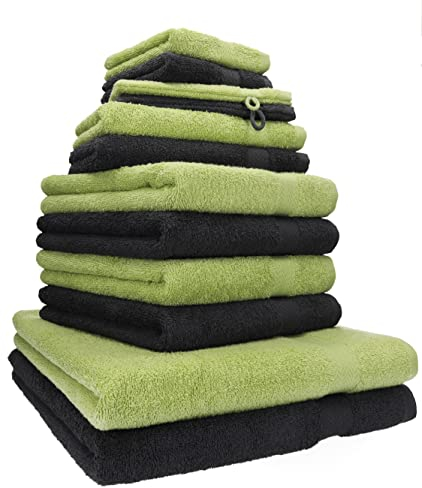 Betz 12-TLG. Handtuch Set Premium 100% Baumwolle 2 Duschtücher 4 Handtücher 2 Gästetücher 2 Seiftücher 2 Waschhandschuhe Graphit/avocadogrün
