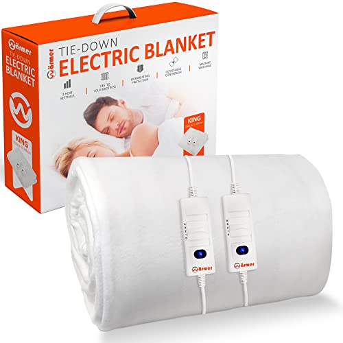 Wärmer Electric Heated Blanket - King (150 x 140cm) - Tie-Down Mattress Cover with 3 Different Heat Settings, Detachable Controller, Machine Washable - King - Tie Down