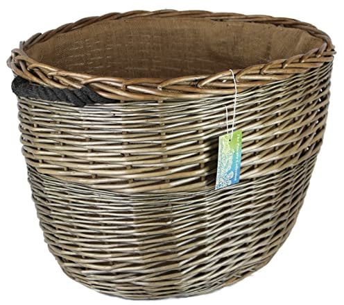 Oval Grey & Antiqued Wicker log baskets. Hessian lined. Wood & kindling storage for home hearths and fireplace. Large wood burner bin (Rope Handle, 60 cm)