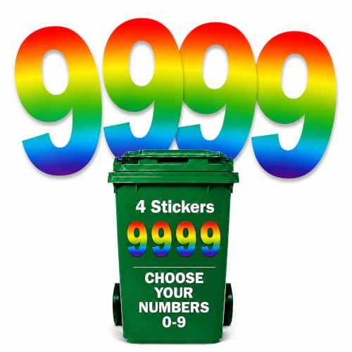 4 x Rainbow Bin Numbers for Wheelie Bins, 0-9, 17.5cm Dustbin Stickers (9) | Choose Your Wheelie Bin Number/s, Weatherproof Self Adhesive Vinyl Bin Number Sticker, Suits Food Caddy & Food Waste Bins