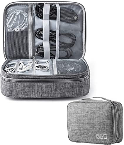ACOPTON Travel Electronics Organizer, Waterproof Cable Organizer Bag for Electronic Accessories Double Layer Large Shockproof Cable Storage Bag for Cord, Power Bank, Tablet (Gray)