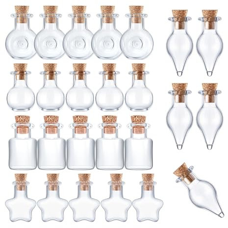 SKYPRO 25 Stück Mini-Glasflaschen mit Korkdeckel, 5 klassische Formen, kleine Glasflaschen, Wunschflaschen, kleine DIY-dekorative Bastelfläschchen für DIY-Handwerk, Dekoration, Aufbewahrungszubehör