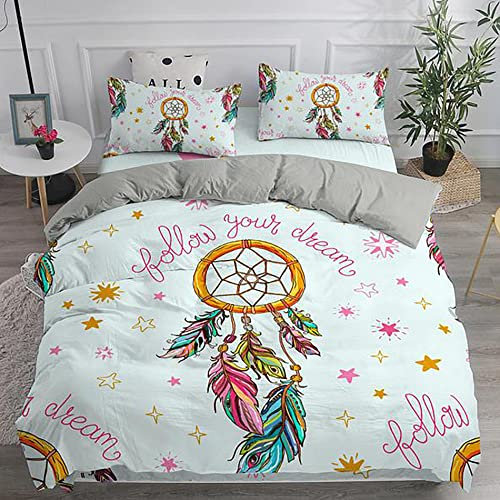 Yaofeiou Bettwäsche Traumfänger 135x200 Farbe Federn Muster Bohemian Style Dreamcatcher Bettwäsche Mädchen Jugendlich Wendebettwäsche Set mit 1 Kissenbezug 80x80 Microfaser Bettbezüge