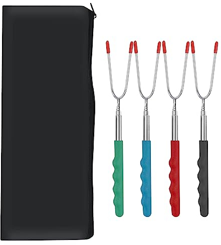 GOEDEKE Barbecue Forks-4 Pack Marshmallow Roasting Sticks Extendable Stainless Steel 27 Inch U Shape Hot Dog Fork Toasting with Handle Grilling Skewers for Fire Pit and BBQ Campfire Party (4 Pack)