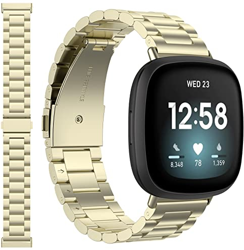 Miimall Kompatibel mit Fitbit Versa 4 Armband, Ultradünne Edelstahl Metall Uhrenarmband [Doppelte Faltschließe] Verstellbares Ersatzarmband für Fitbit Versa 3/Versa 2/Sense 2/Sense-Offizielles Gold