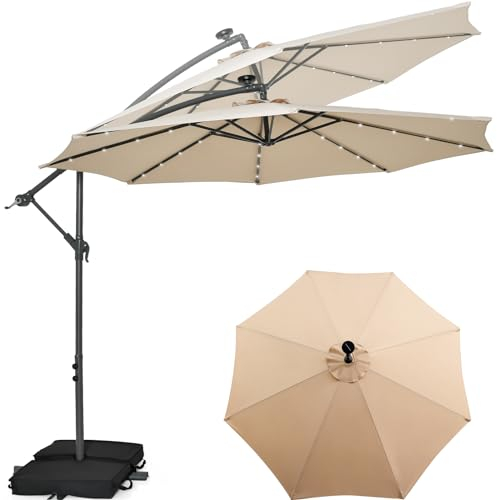 KOMFOTTEU Sombrilla 3x3m de Jardín con 40 Luces LED Solares, Parasol Inclinable con Base Saco de Arena, Sombrilla Terreza Exterior con Protección UV, Sombrilla Grande para Patio, Piscina (Beige)