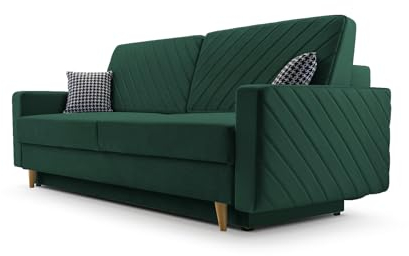 Sofa aus Samtstoff mit Schlaffunktion und Bettkasten Couch für Wohnzimmer Schlafsofa Sofagarnitur Polstersofa Wohnlandschaft mit Bettfunktion Velours 230x100x85cm - CALIFORNIA - Dunkelgrün (Kronos 19)