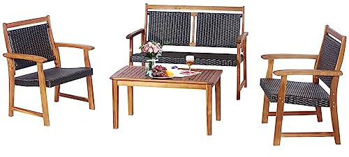 KOMFOTTEU 4-TLG. Gartenmöbel Set, Bistrosets mit 2 Sessel & Doppelstuhl & Tisch, Balkonset aus Rattan & Akazienholz, Gartenstuhl mit Armlehnen & Rückenlehne für Balkon Garten Terrasse
