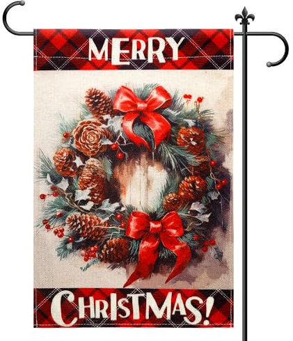 Couronne Drapeau de Jardin de Noël, 30x45cm Drapeau de Jardin Double Face Plaid Rouge et Noir Drapeau de Noël Drapeau Saisonnier Drapeaux Décoratifs pour les Vacances Décoration Extérieure
