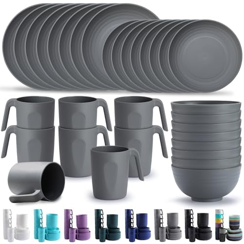 Kyraton Cubiertos de plástico Juegos de 32 piezas, reutilizables Platos ligeros Tazas Cuencos Platos Fácil de llevar y limpiar Microondas Seguro BPA Lavavajillas seguro Servicio seguro para 8