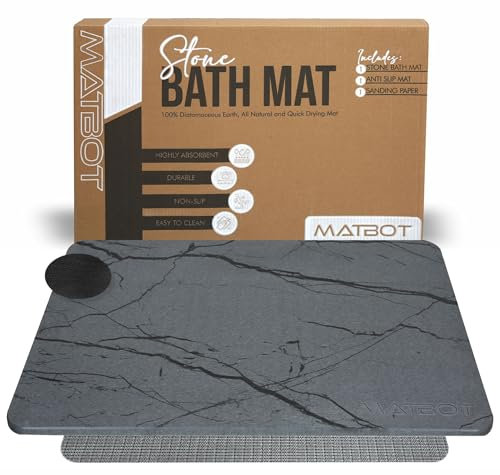MATBOT Tapis de Bain en Pierre de diatomite, antidérapant, séchage Rapide, très Absorbant, Facile à Nettoyer, marbre Gris (60 x 39,1 cm)