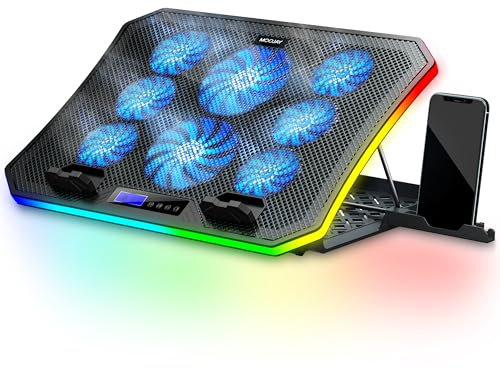Ventilateur PC Portable RVB de Jeu Bureau et Lap à l'aide, MOOJAY Refroidisseur pour Ordinateur Portable 15,6-17,3, 8 Hauteurs Réglables avec 8 Ventilateurs - Lumière LED Bleue